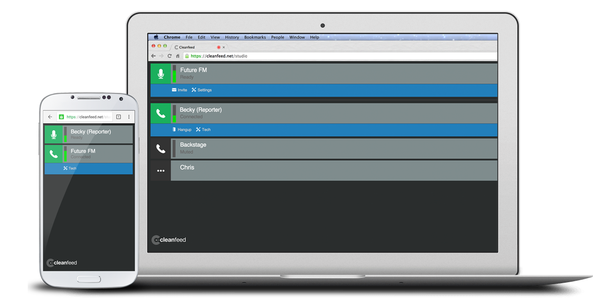 Image shows a laptop and smartphone with the Cleanfeed programme on both screens.