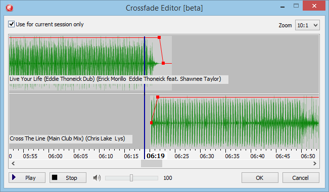 This is an image visualising the RadioBOSS Crossfade Editor, a plain grey screenshot with a green set of scrubbers in the centre.