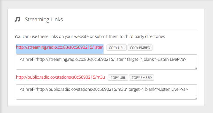 This is a white and grey visualisation of how the Radio.co Streaming Links and URLs appear. They are in red font with white and black boxes below.