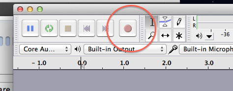 This is a grey screenshot visualising how Recording appears on Audacity, as illustrated by a red circle over the recording symbol.