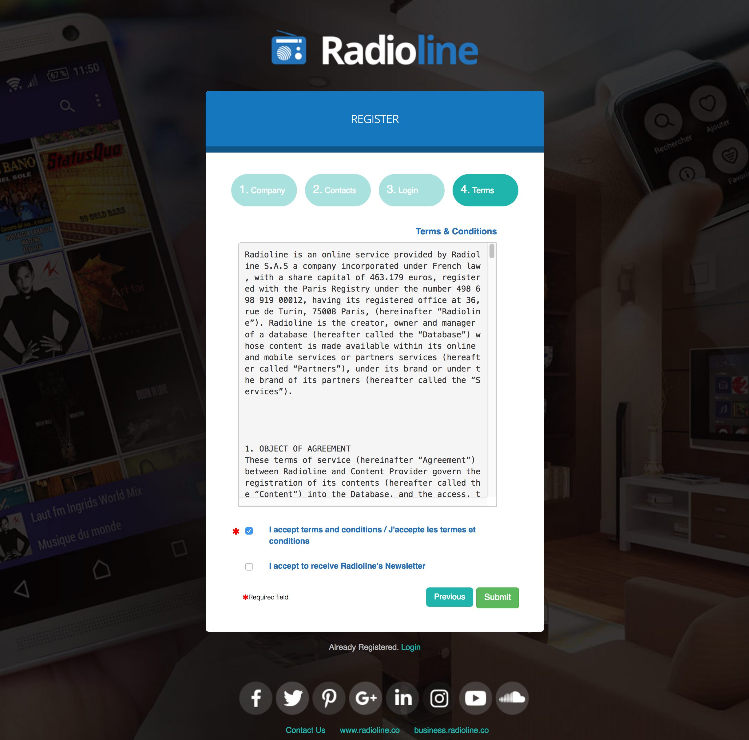 Image shows the Ts & Cs window when registering an account for Radioine