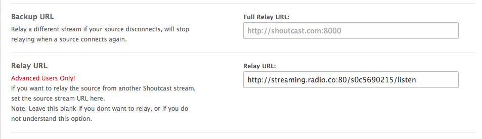 this is a white screenshot of two text boxes. First the Backup URL and the corresponding box for that. Below the Relay URL, with red text subtitled, and on the left a text box for the URL also.