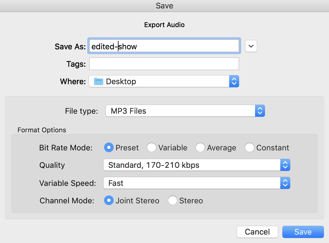 This is a screenshot of the grey popup box detailing how to Save and Edit Shows in Audacity