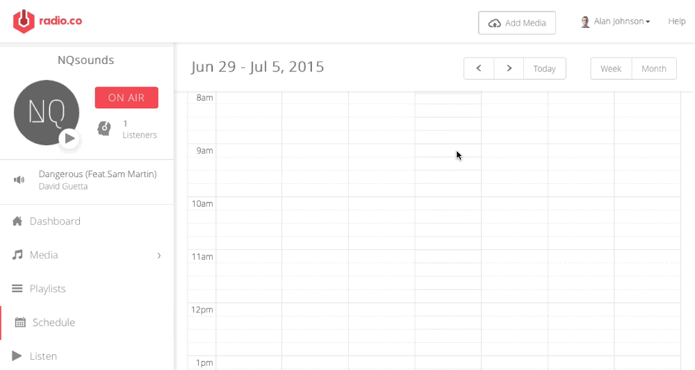 This is a white and red gif of the Schedule DJ feature, with grid highlighting being denoted with colours.