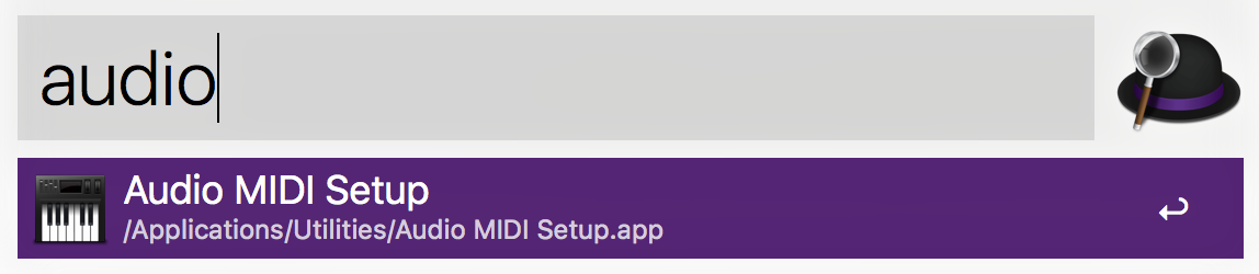 This is a grey and purple search engine box. The word audio is getting searched. Below it in a purple banner is the title Audio MIDI Setup.