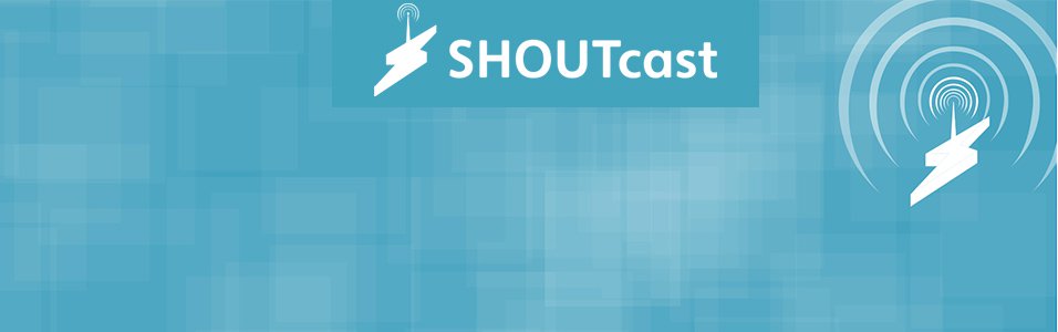 This is a dark blue SHOUTcast logo with a lightning bolt visible. On the right there's a lightning bolt with signal around it.