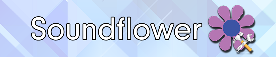 This is an image of the Soundflower, the word in white text over a light blue backdrop. There is an illustration of a purple flower with a blue centre on the right hand side.