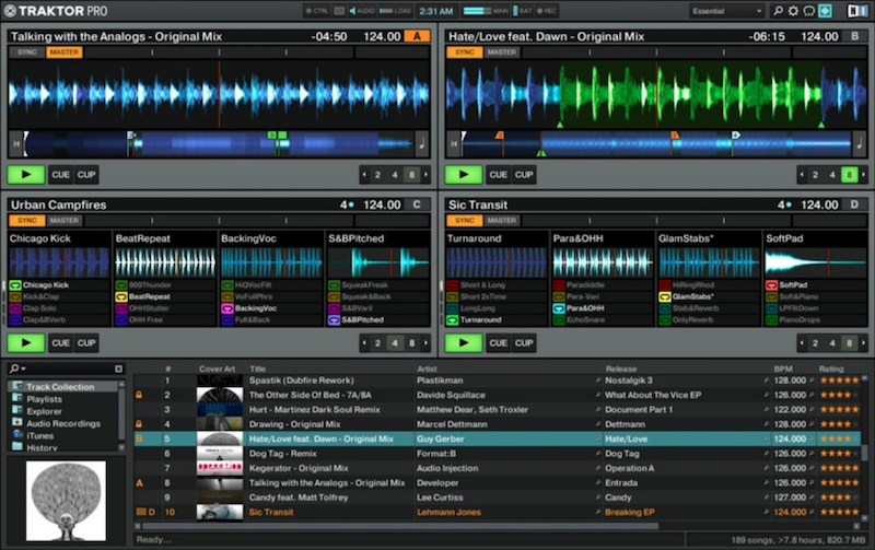 This is a screenshot of the Traktor DJ Software, a black and orange list of songs with sound levels and scrubbers visible. Here we see two decks split in the centre of the screen.