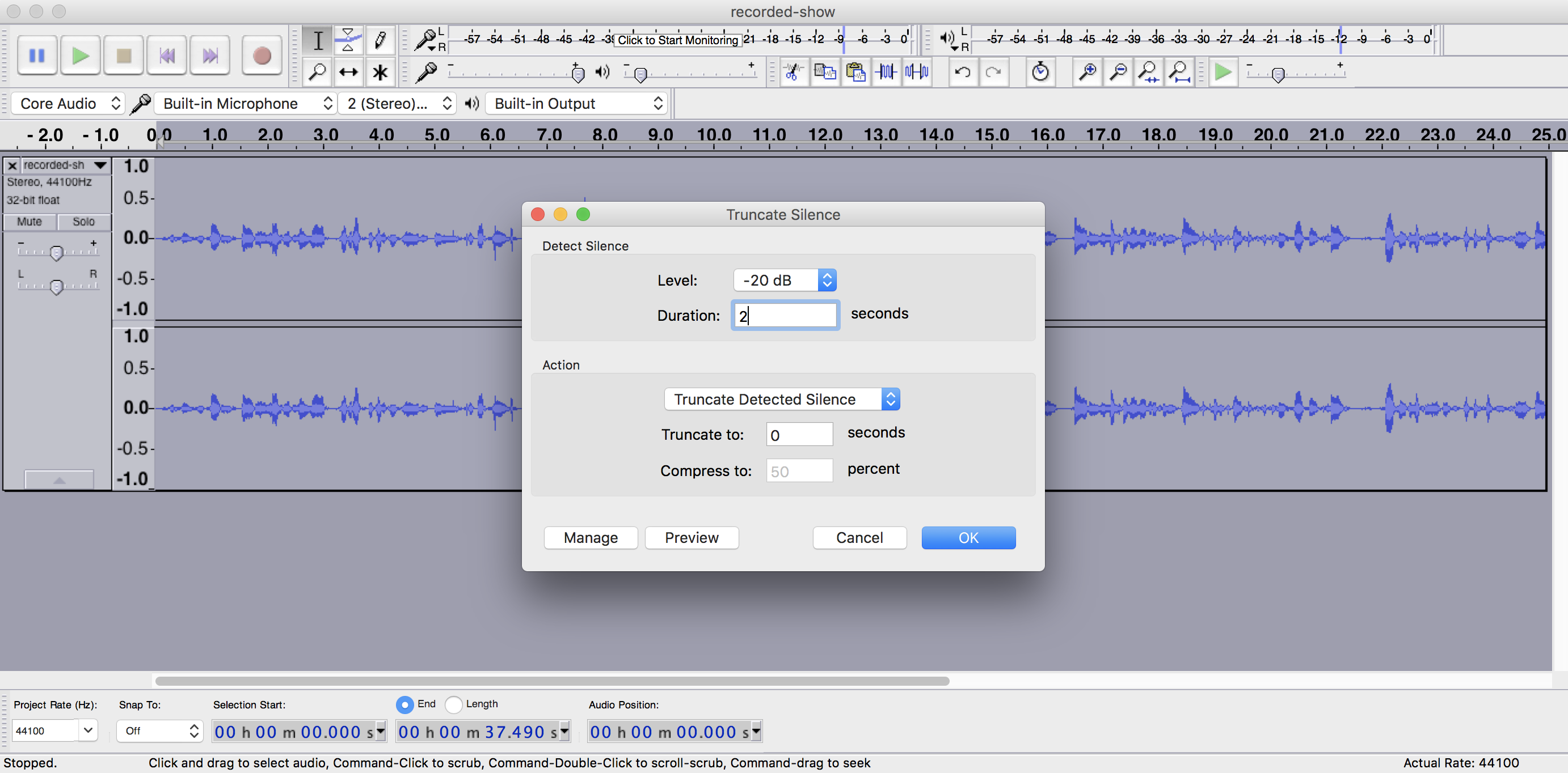 This is an Audacity screenshot of the truncation process, with a grey popup box in the centre of the screen.