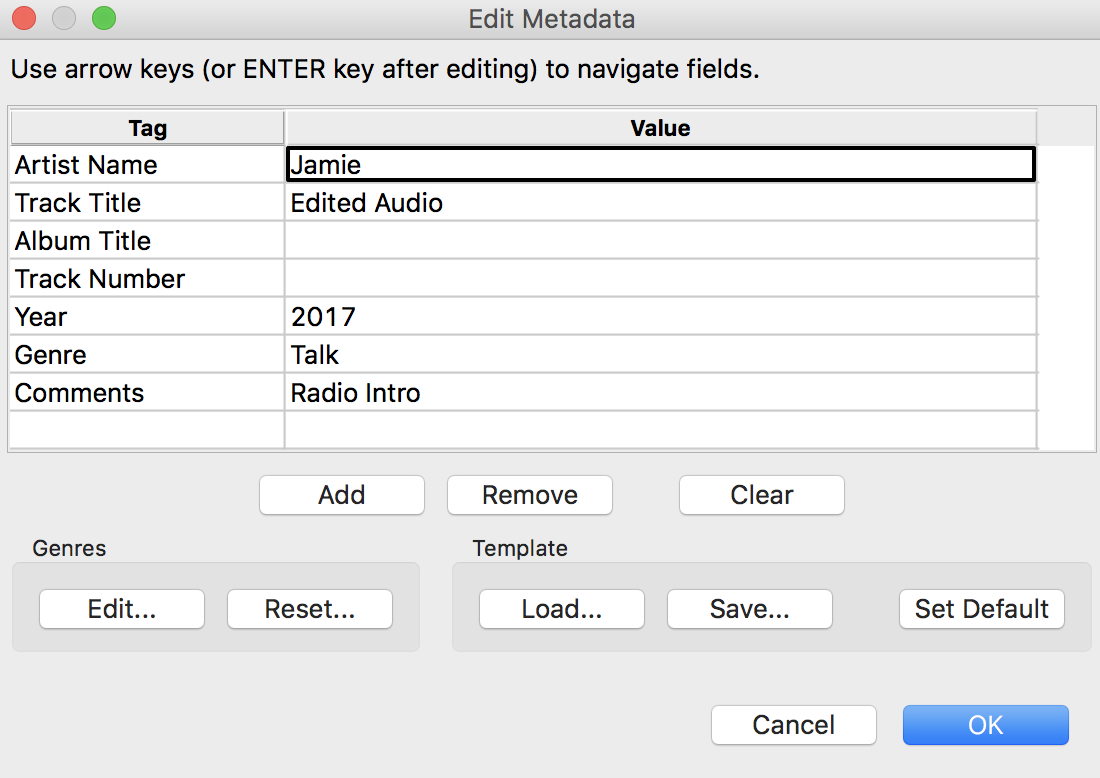 This is a screenshot visualising how to Update File Metadata in Audacity