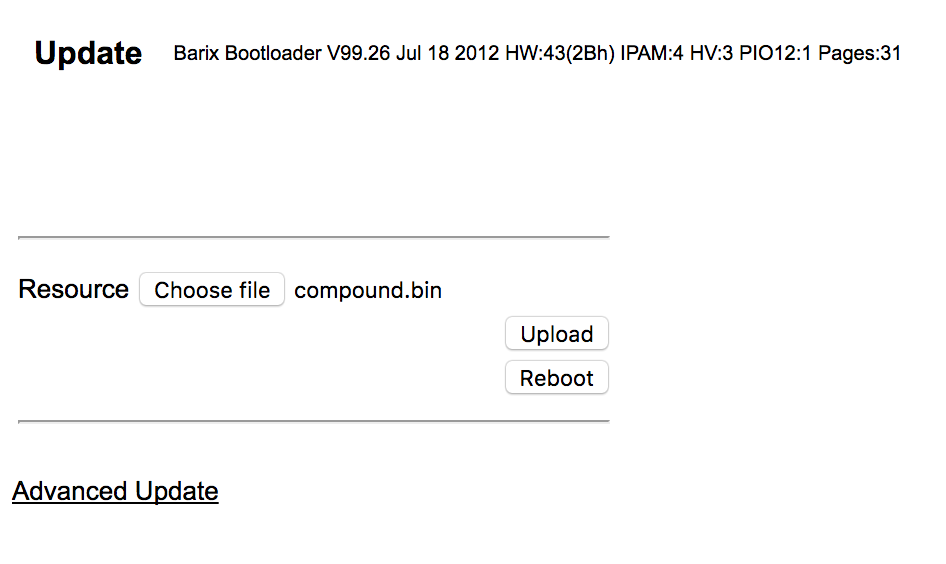 A screenshot of what Updating Barix Version appears like. this is a plain white screenshot with Update, Resource and Advanced Update features.