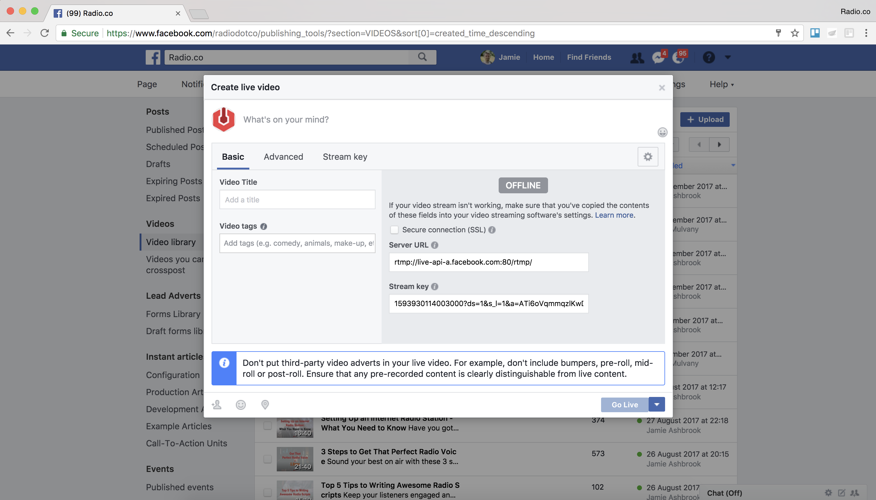 Another Facebook screenshot, similar to the previous, but this one has a small box in the middle called "Create Live Video". Here you can update Facebook live info. There's options for titles, tags, and audience restrictions in the image.