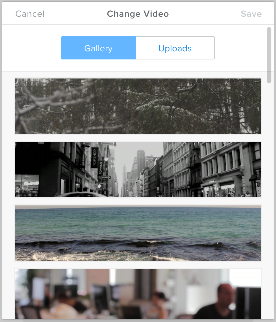 This is an image showing the Video Background Gallery and the various photo options on Weebly.