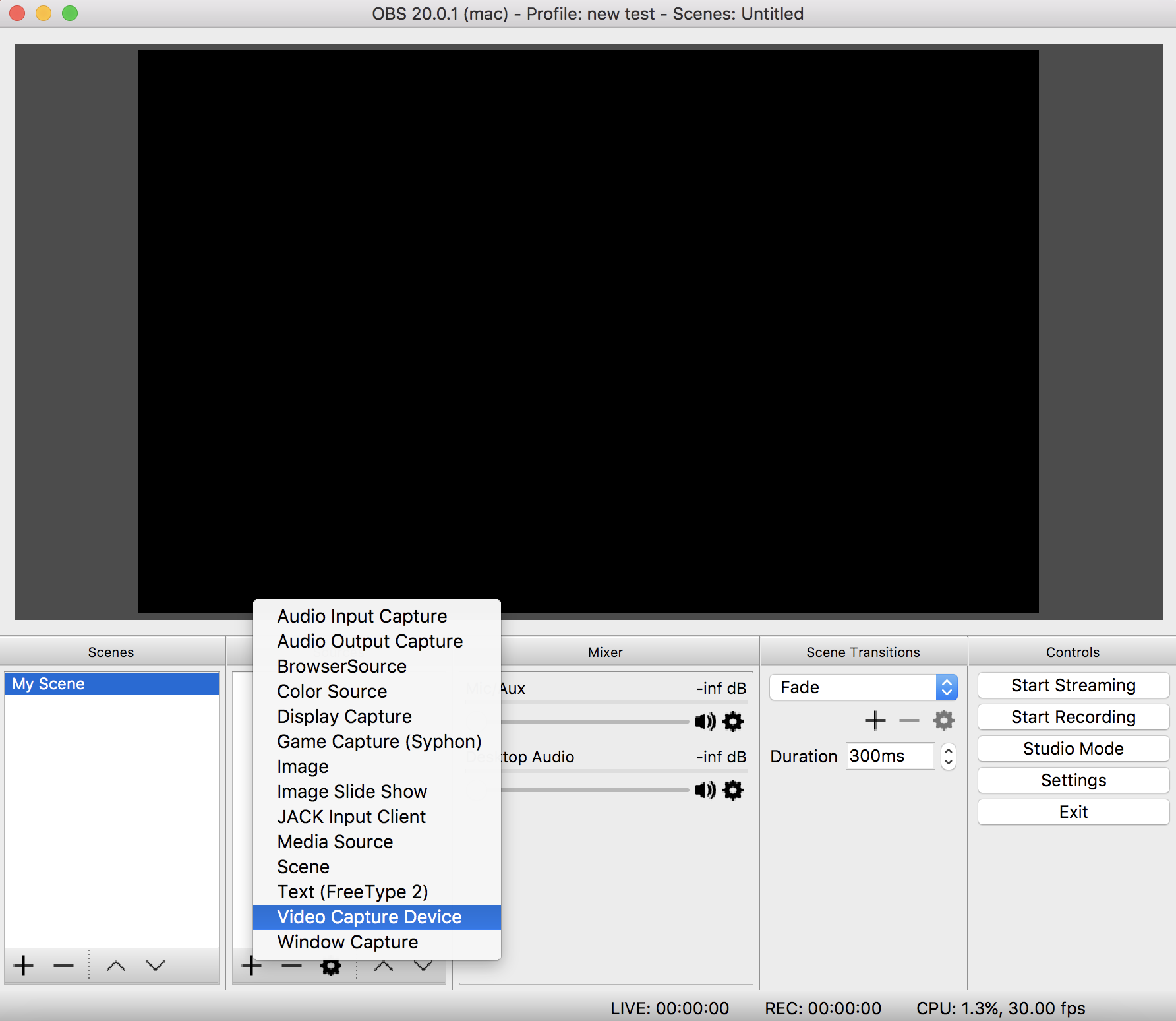 A screenshot visualising how the instructions will appear. The image shows the opened sources box. At the bottom of the list of options in a grey box to pick is the highlighted "Video Capture Device". Select this.