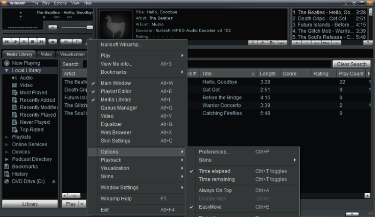 This is a black and grey screenshot illustrating Winamp Preferences.